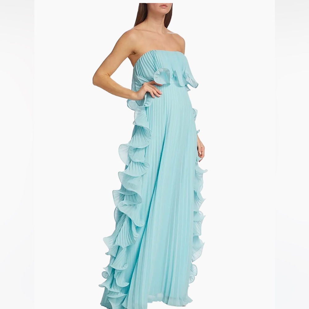 Badgley Mischka Strapless Pleated Gown with Ruffles - Picture 3 of 9